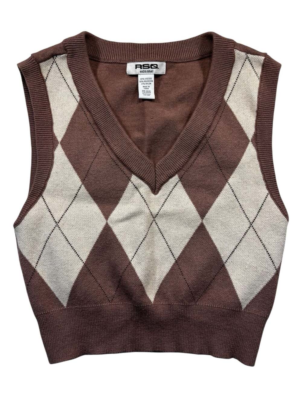 RSQ Brown and Cream Argyle V-Neck Knit Sweater Vest